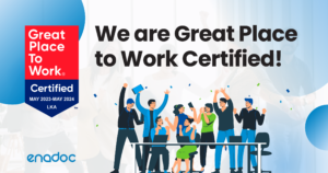Enadoc's logo with the text "Great Place to Work Recertification: Employee Satisfaction and Engagement Recognized"